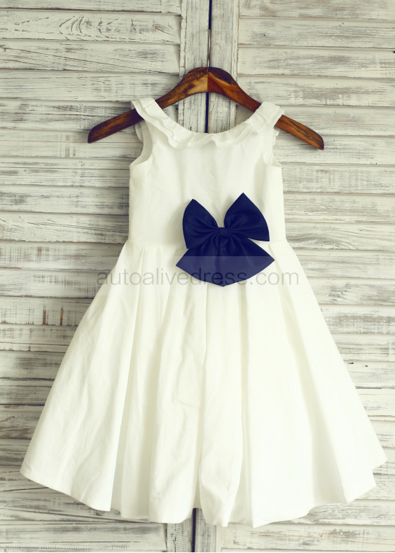 Ivory Cotton Simple Flower Girl Dress With Navy Blue Bow 